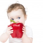 Funny little baby biting on a big red paprika